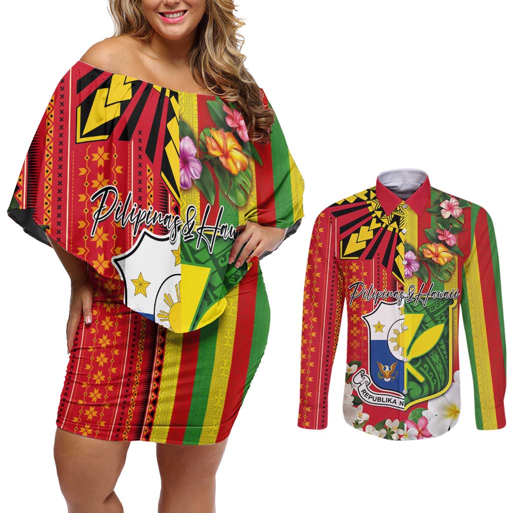 Personalised Hawaii and Philippines Together Couples Matching Off Shoulder Short Dress and Long Sleeve Button Shirt The Emblems with Cultural Symbols Green-Yellow-Red Tricolor