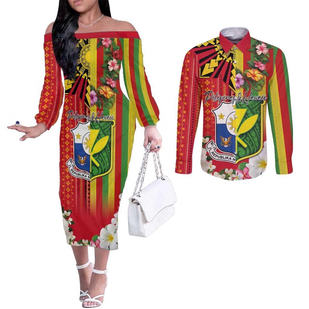 Personalised Hawaii and Philippines Together Couples Matching Off The Shoulder Long Sleeve Dress and Long Sleeve Button Shirt The Emblems with Cultural Symbols Green-Yellow-Red Tricolor