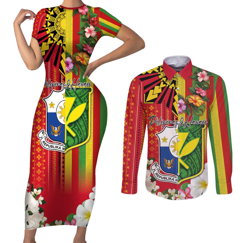 Personalised Hawaii and Philippines Together Couples Matching Short Sleeve Bodycon Dress and Long Sleeve Button Shirt The Emblems with Cultural Symbols Green-Yellow-Red Tricolor