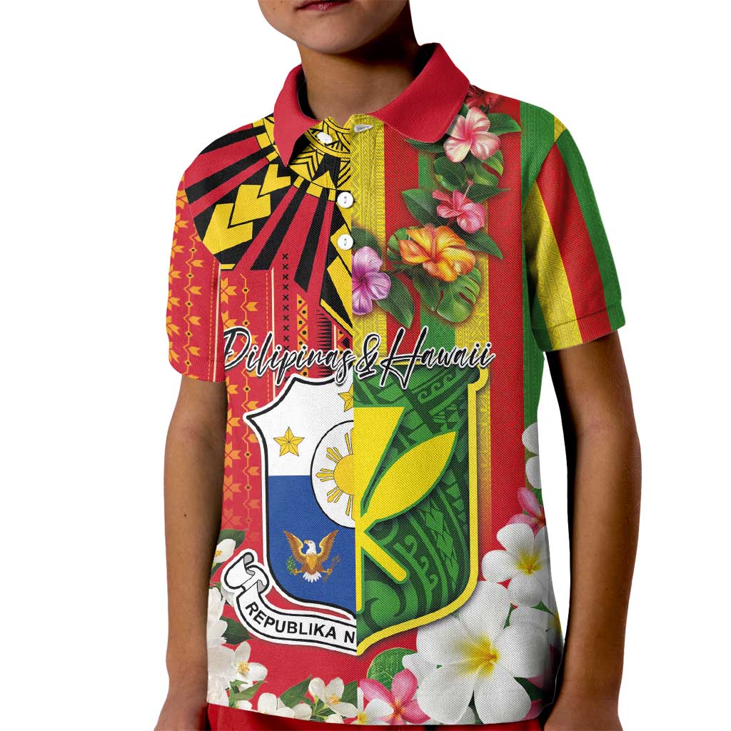 Personalised Hawaii and Philippines Together Kid Polo Shirt The Emblems with Cultural Symbols Green-Yellow-Red Tricolor