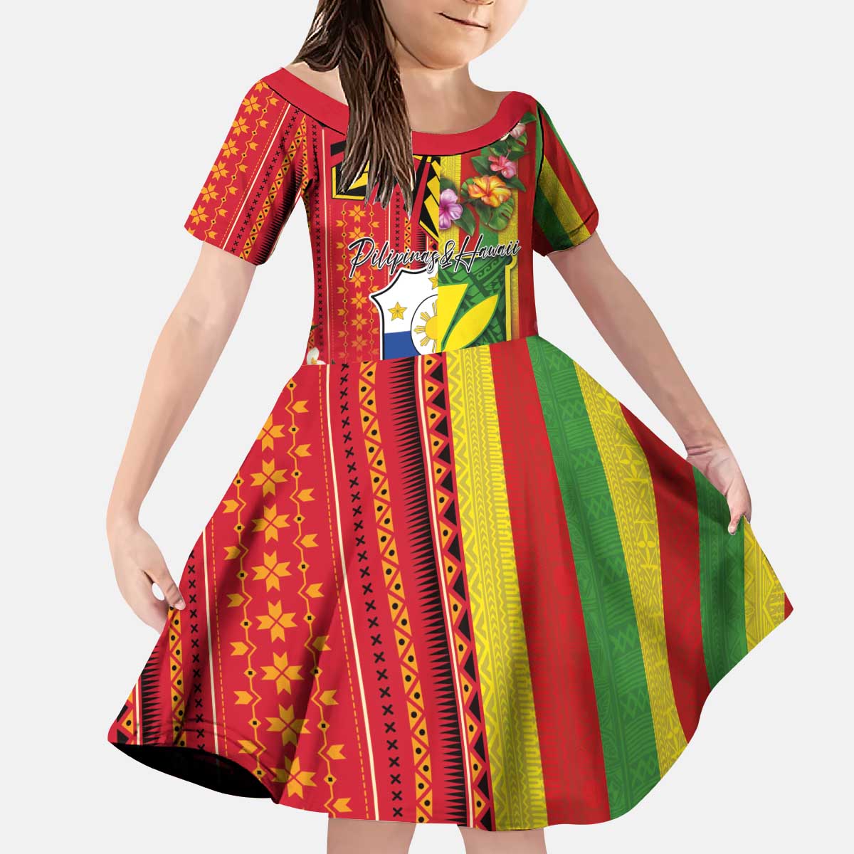 Personalised Hawaii and Philippines Together Kid Short Sleeve Dress The Emblems with Cultural Symbols Green-Yellow-Red Tricolor