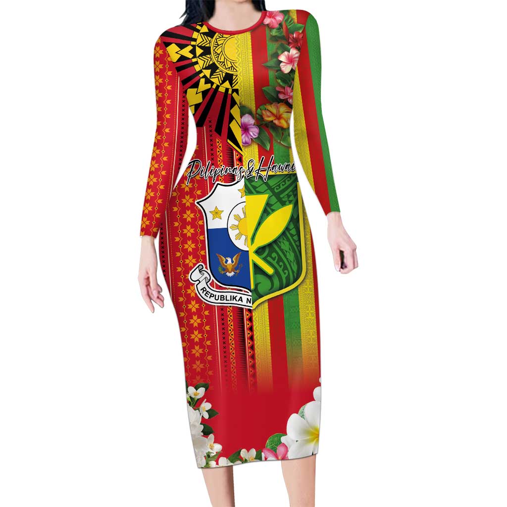 Personalised Hawaii and Philippines Together Long Sleeve Bodycon Dress The Emblems with Cultural Symbols Green-Yellow-Red Tricolor