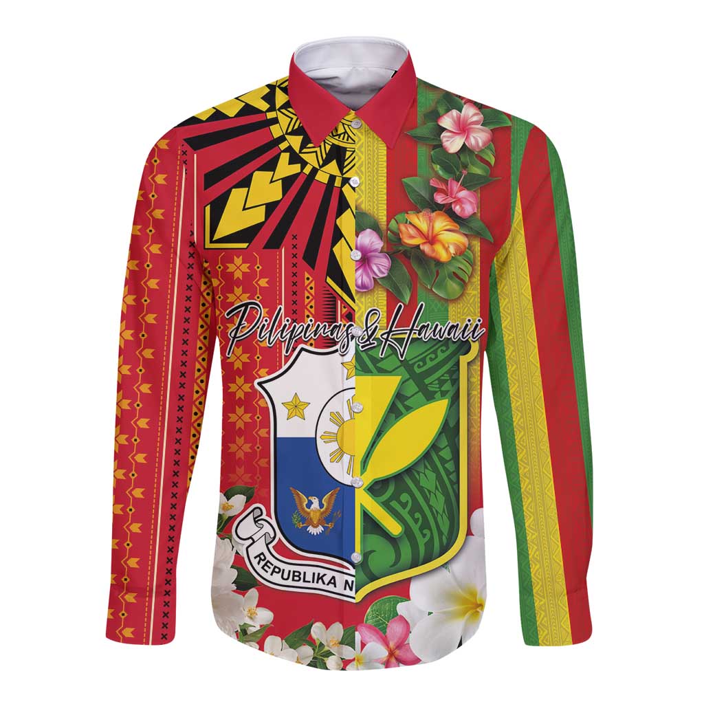 Personalised Hawaii and Philippines Together Long Sleeve Button Shirt The Emblems with Cultural Symbols Green-Yellow-Red Tricolor