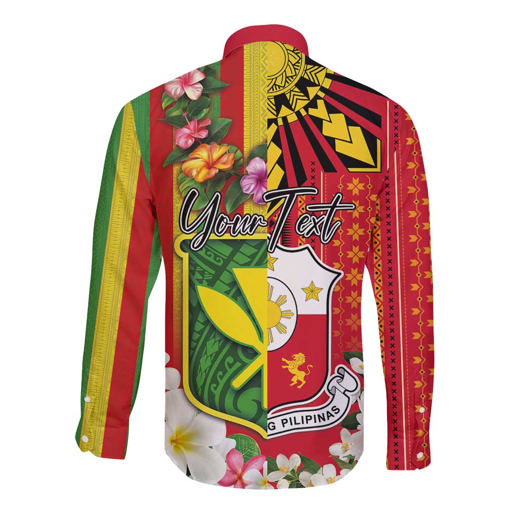 Personalised Hawaii and Philippines Together Long Sleeve Button Shirt The Emblems with Cultural Symbols Green-Yellow-Red Tricolor