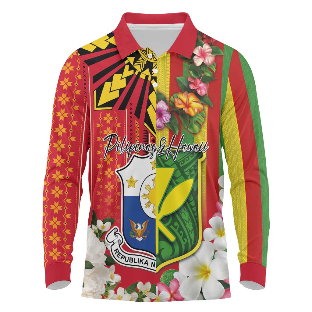 Personalised Hawaii and Philippines Together Long Sleeve Polo Shirt The Emblems with Cultural Symbols Green-Yellow-Red Tricolor