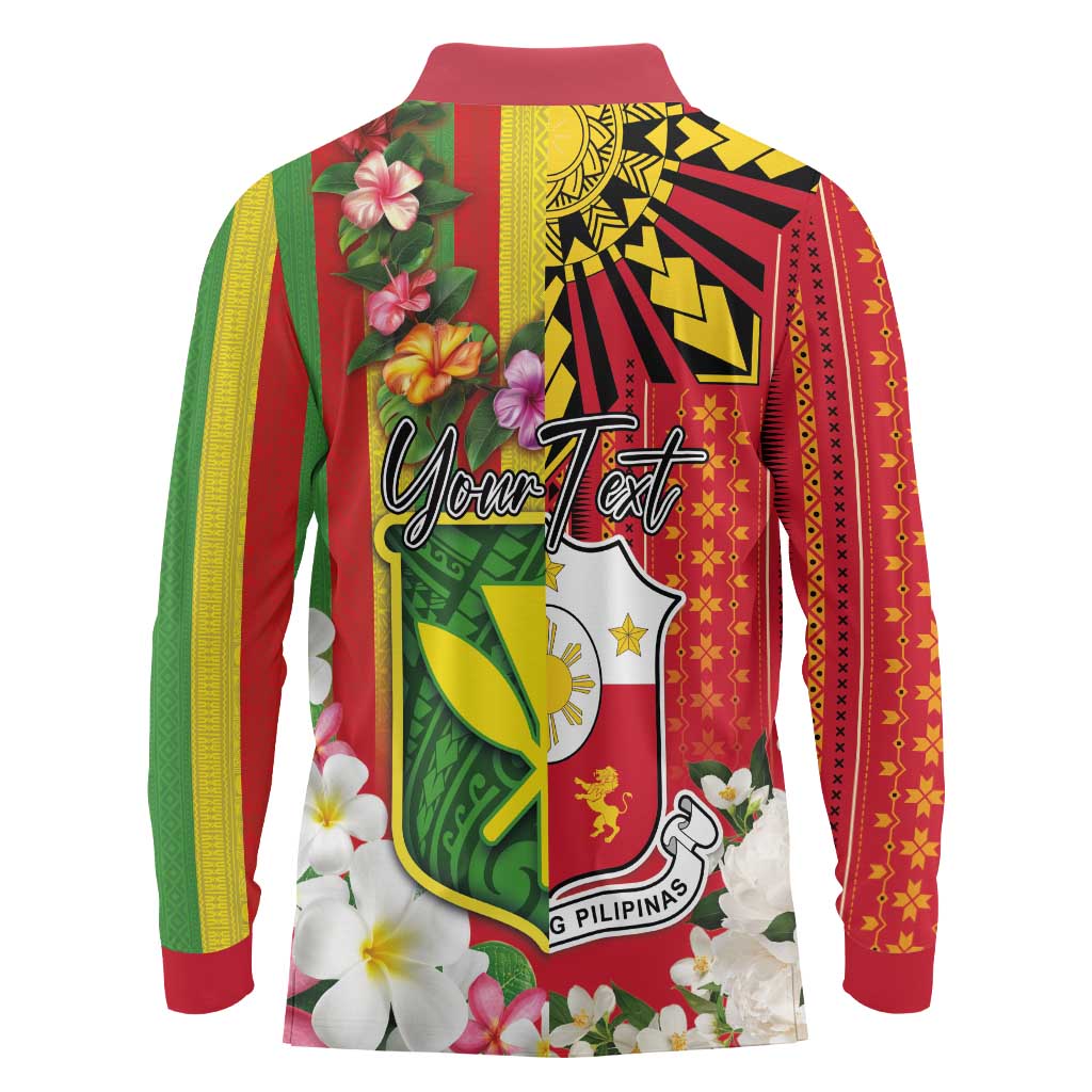 Personalised Hawaii and Philippines Together Long Sleeve Polo Shirt The Emblems with Cultural Symbols Green-Yellow-Red Tricolor LT03 - Polynesian Pride