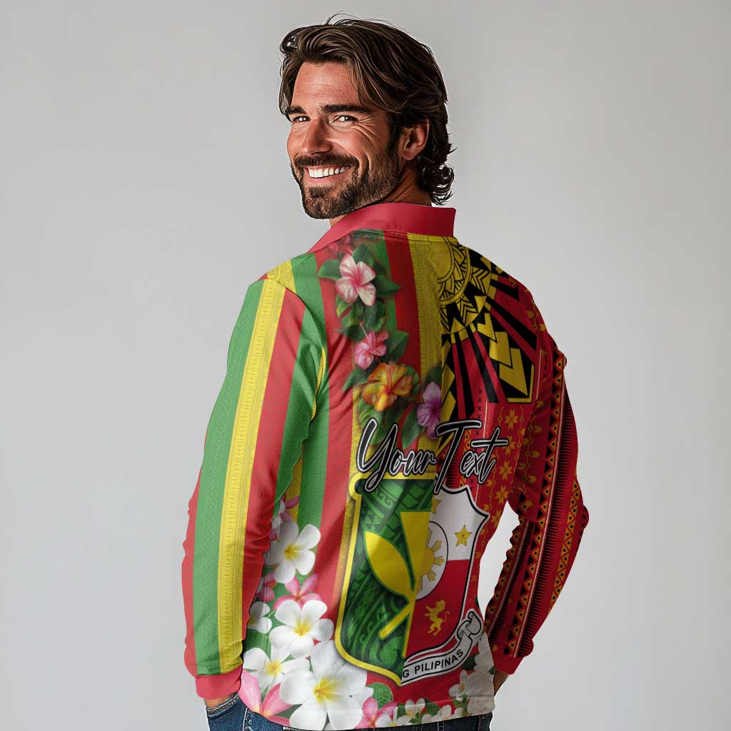 Personalised Hawaii and Philippines Together Long Sleeve Polo Shirt The Emblems with Cultural Symbols Green-Yellow-Red Tricolor LT03 - Polynesian Pride