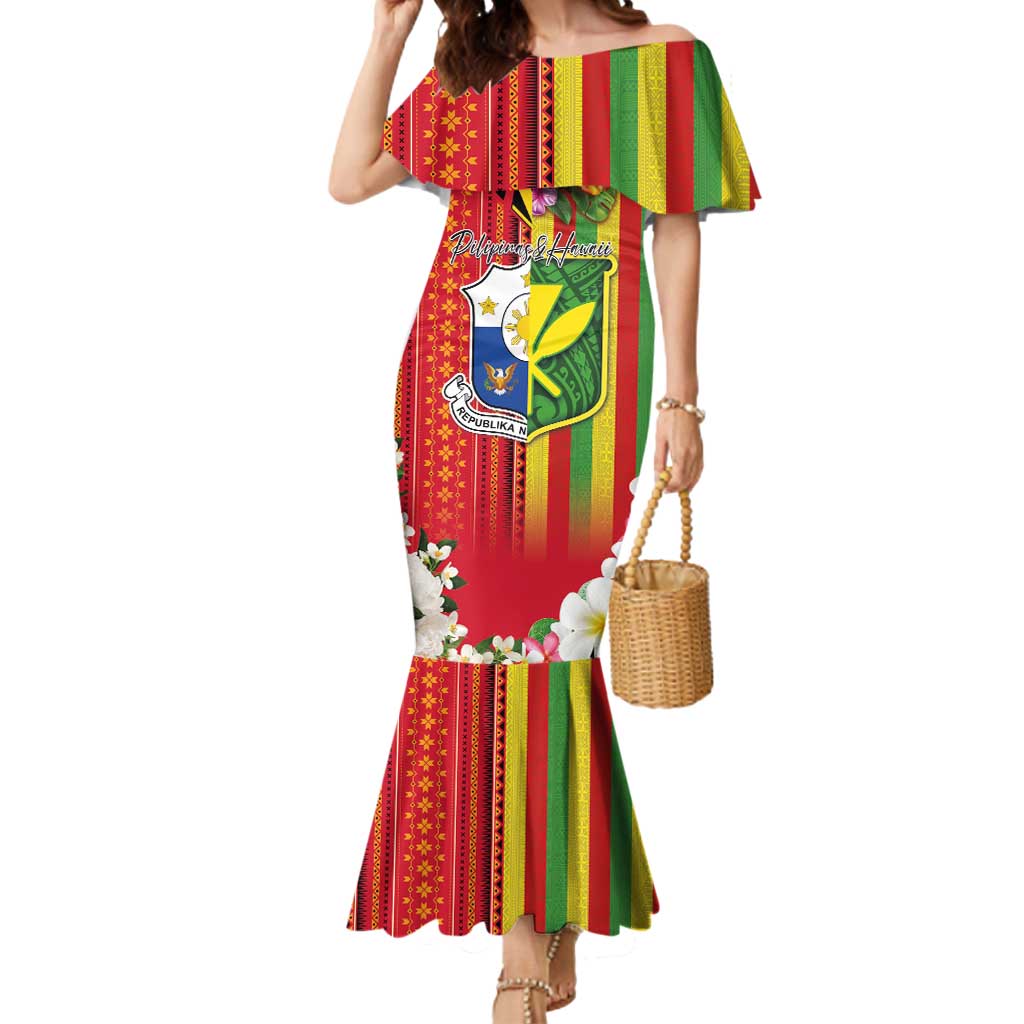 Personalised Hawaii and Philippines Together Mermaid Dress The Emblems with Cultural Symbols Green-Yellow-Red Tricolor