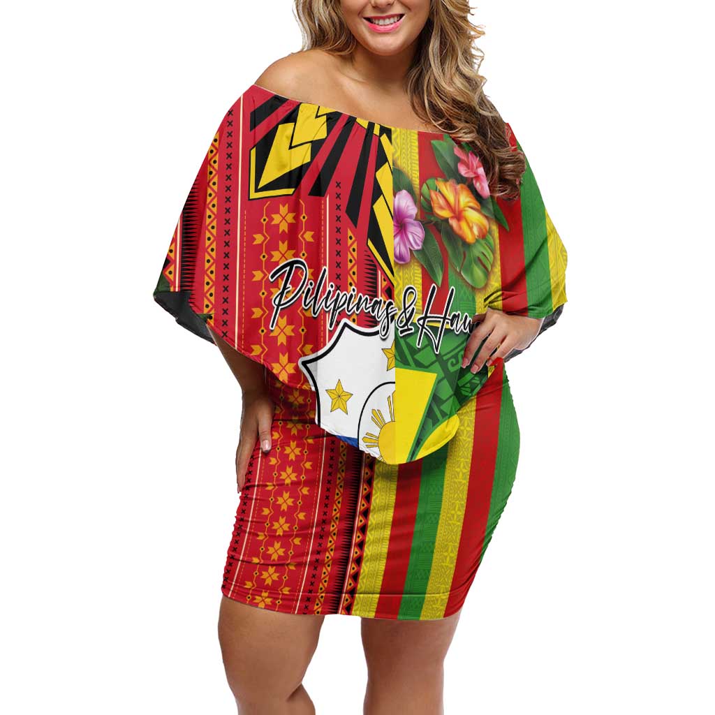 Personalised Hawaii and Philippines Together Off Shoulder Short Dress The Emblems with Cultural Symbols Green-Yellow-Red Tricolor