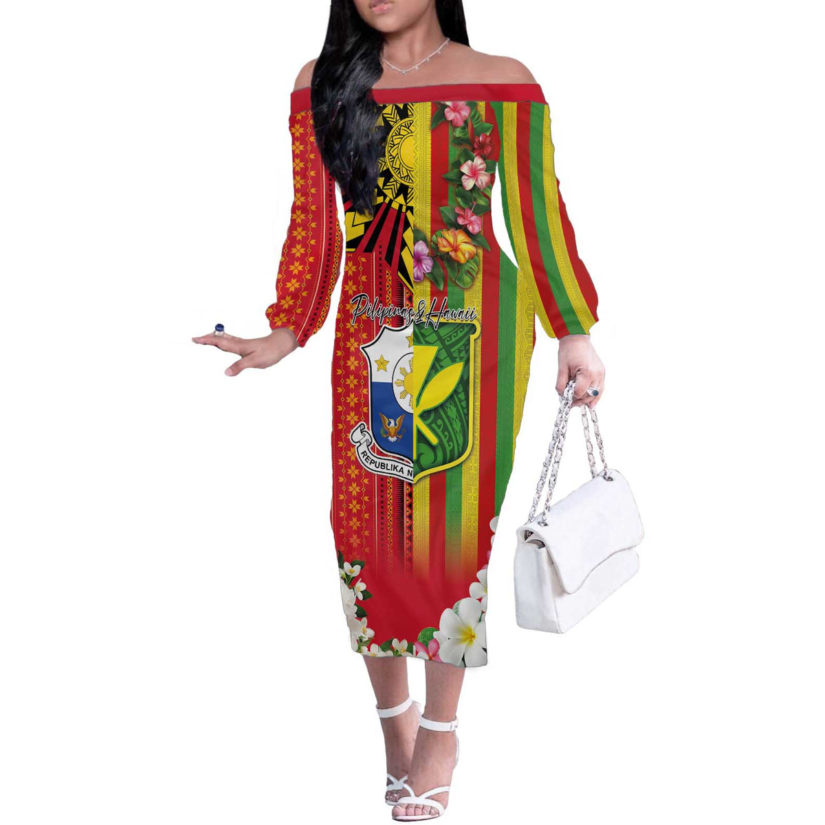 Personalised Hawaii and Philippines Together Off The Shoulder Long Sleeve Dress The Emblems with Cultural Symbols Green-Yellow-Red Tricolor LT03 Women Art - Polynesian Pride