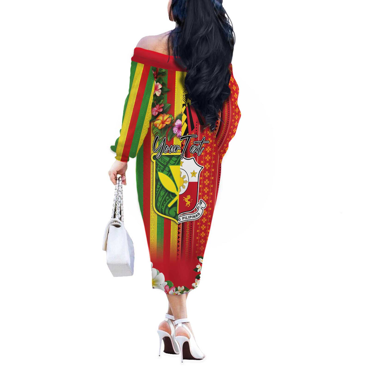 Personalised Hawaii and Philippines Together Off The Shoulder Long Sleeve Dress The Emblems with Cultural Symbols Green-Yellow-Red Tricolor LT03 - Polynesian Pride