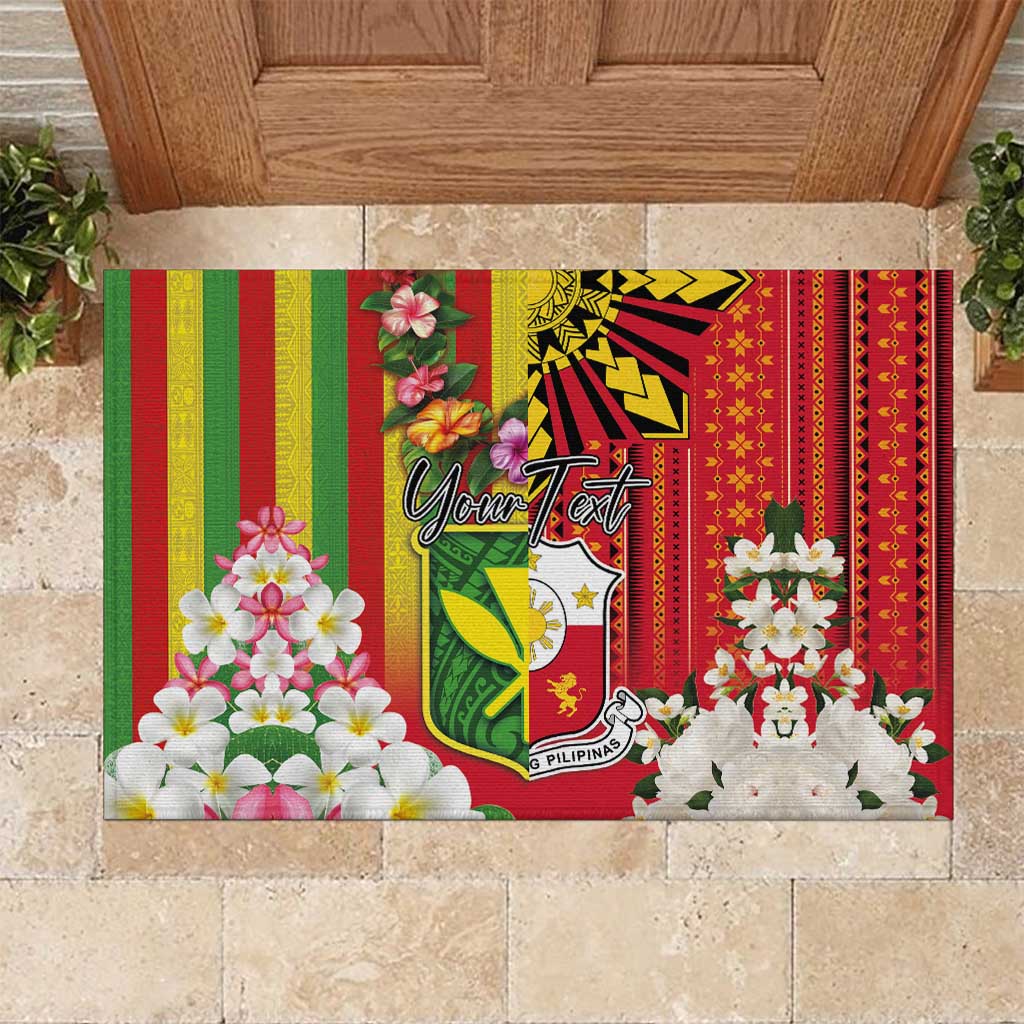 Personalised Hawaii and Philippines Together Rubber Doormat The Emblems with Cultural Symbols Green-Yellow-Red Tricolor