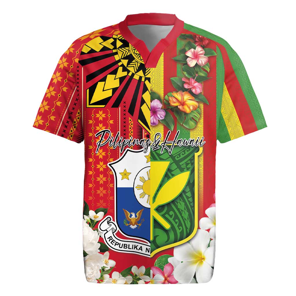 Personalised Hawaii and Philippines Together Rugby Jersey The Emblems with Cultural Symbols Green-Yellow-Red Tricolor