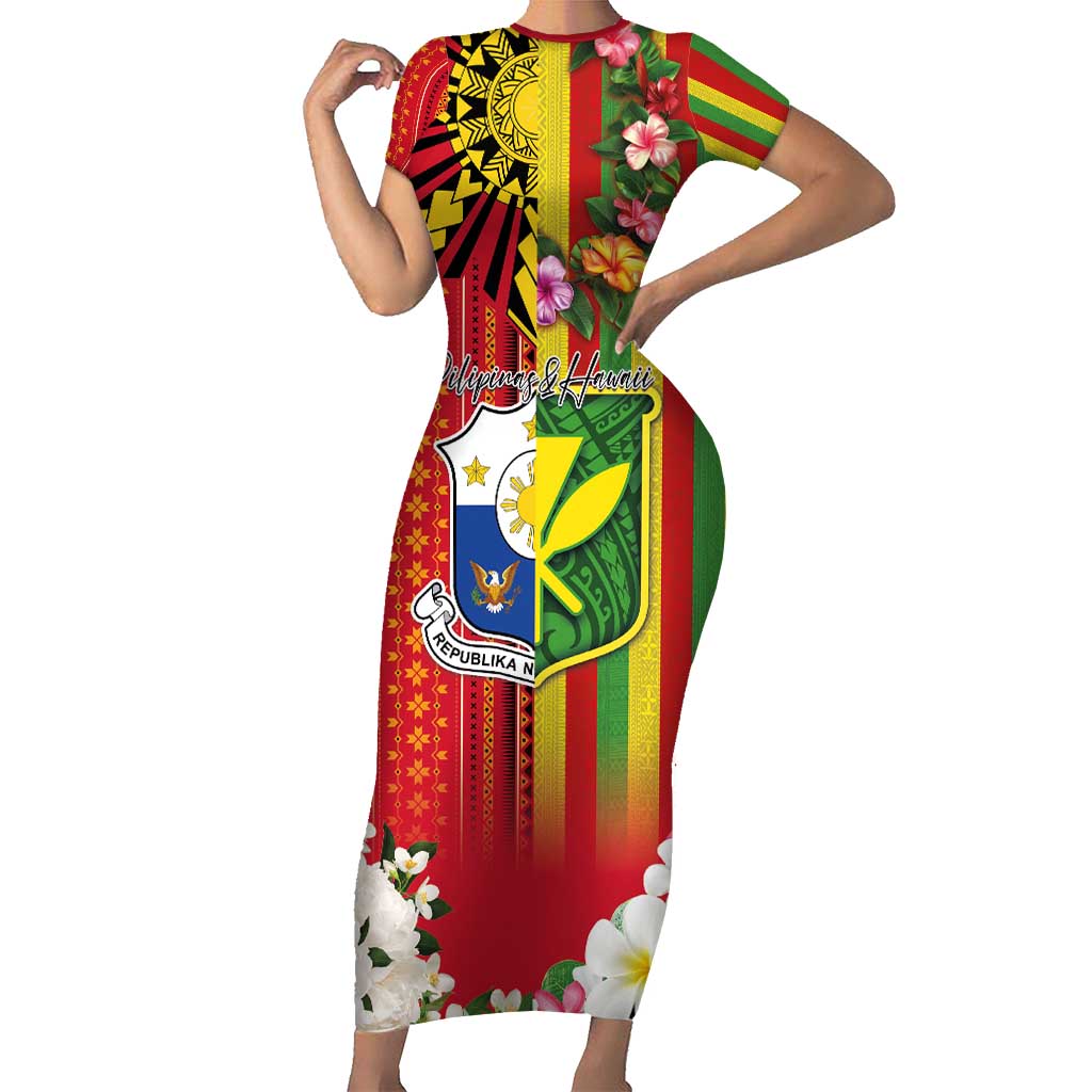 Personalised Hawaii and Philippines Together Short Sleeve Bodycon Dress The Emblems with Cultural Symbols Green-Yellow-Red Tricolor