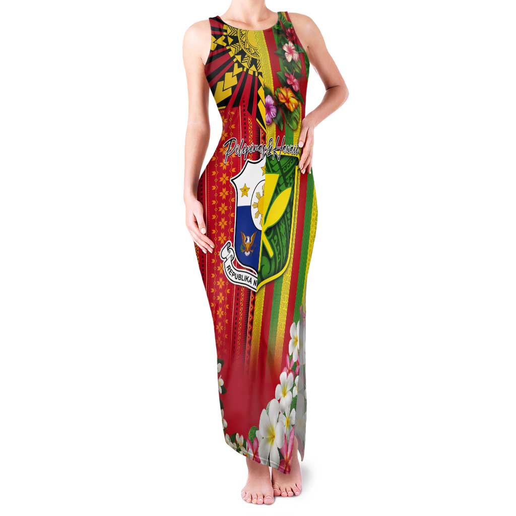 Personalised Hawaii and Philippines Together Tank Maxi Dress The Emblems with Cultural Symbols Green-Yellow-Red Tricolor