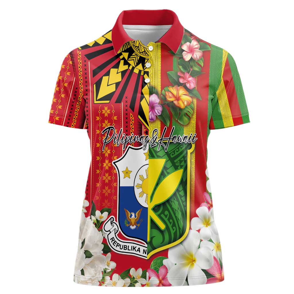 Personalised Hawaii and Philippines Together Women Polo Shirt The Emblems with Cultural Symbols Green-Yellow-Red Tricolor LT03 Female Art - Polynesian Pride