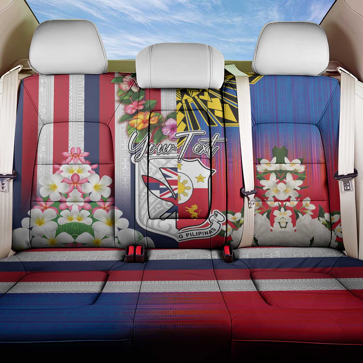 Personalised Hawaii and Philippines Together Back Car Seat Cover The Emblems with Cultural Symbols Blue-White-Red Tricolor