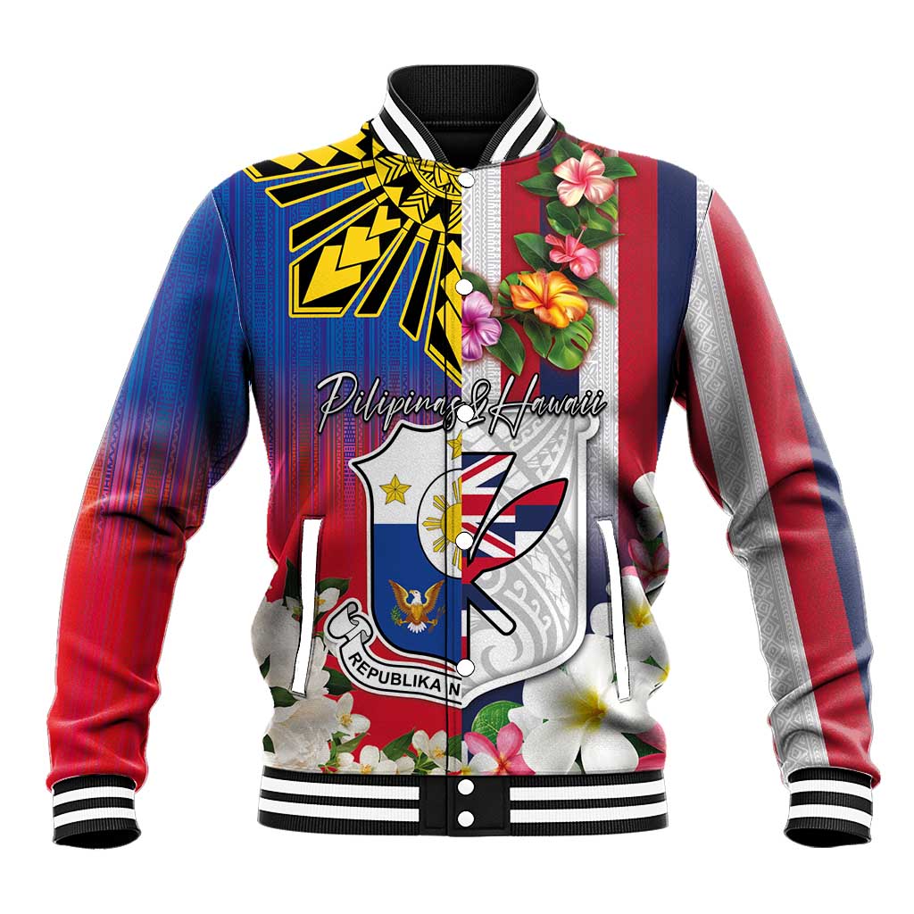 Personalised Hawaii and Philippines Together Baseball Jacket The Emblems with Cultural Symbols Blue-White-Red Tricolor