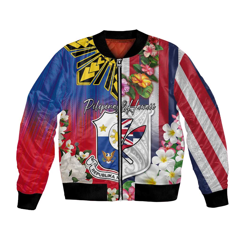 Personalised Hawaii and Philippines Together Bomber Jacket The Emblems with Cultural Symbols Blue-White-Red Tricolor