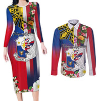 Personalised Hawaii and Philippines Together Couples Matching Long Sleeve Bodycon Dress and Long Sleeve Button Shirt The Emblems with Cultural Symbols Blue-White-Red Tricolor
