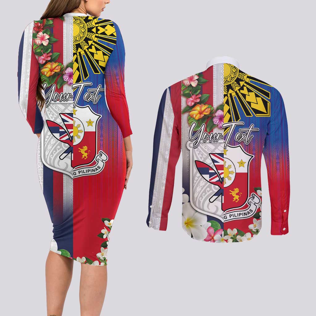 Personalised Hawaii and Philippines Together Couples Matching Long Sleeve Bodycon Dress and Long Sleeve Button Shirt The Emblems with Cultural Symbols Blue-White-Red Tricolor