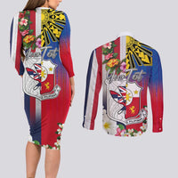 Personalised Hawaii and Philippines Together Couples Matching Long Sleeve Bodycon Dress and Long Sleeve Button Shirt The Emblems with Cultural Symbols Blue-White-Red Tricolor