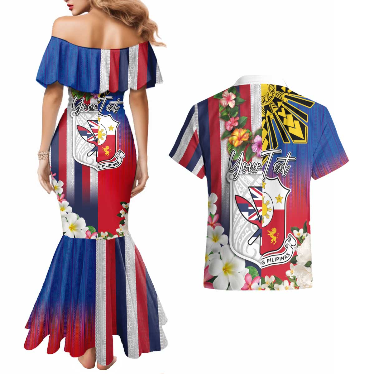 Personalised Hawaii and Philippines Together Couples Matching Mermaid Dress and Hawaiian Shirt The Emblems with Cultural Symbols Blue-White-Red Tricolor