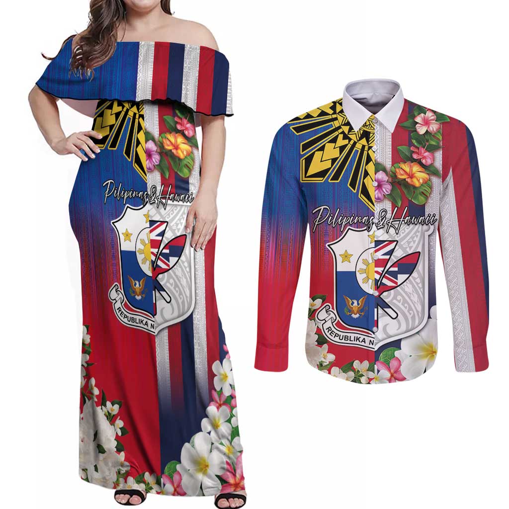 Personalised Hawaii and Philippines Together Couples Matching Off Shoulder Maxi Dress and Long Sleeve Button Shirt The Emblems with Cultural Symbols Blue-White-Red Tricolor