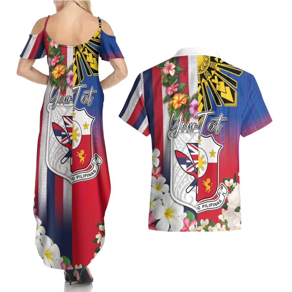 Personalised Hawaii and Philippines Together Couples Matching Summer Maxi Dress and Hawaiian Shirt The Emblems with Cultural Symbols Blue-White-Red Tricolor