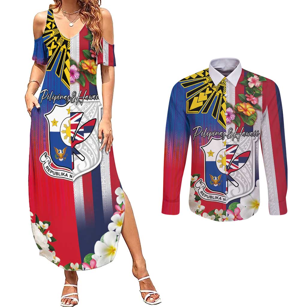 Personalised Hawaii and Philippines Together Couples Matching Summer Maxi Dress and Long Sleeve Button Shirt The Emblems with Cultural Symbols Blue-White-Red Tricolor