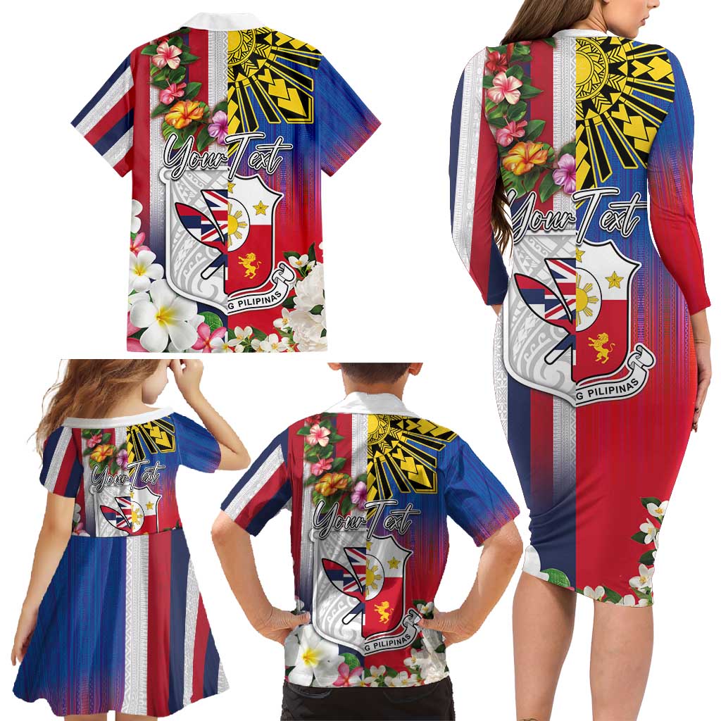 Personalised Hawaii and Philippines Together Family Matching Long Sleeve Bodycon Dress and Hawaiian Shirt The Emblems with Cultural Symbols Blue-White-Red Tricolor