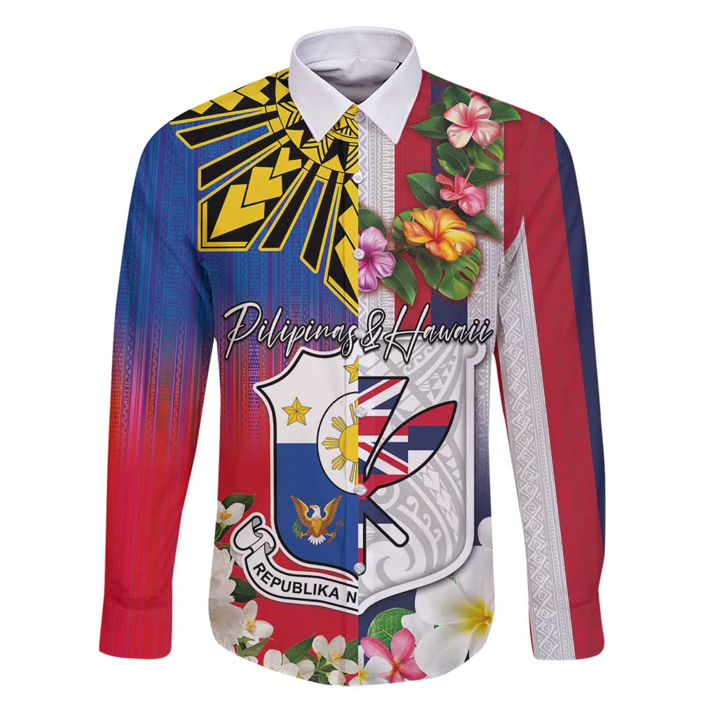 Personalised Hawaii and Philippines Together Family Matching Long Sleeve Bodycon Dress and Hawaiian Shirt The Emblems with Cultural Symbols Blue-White-Red Tricolor