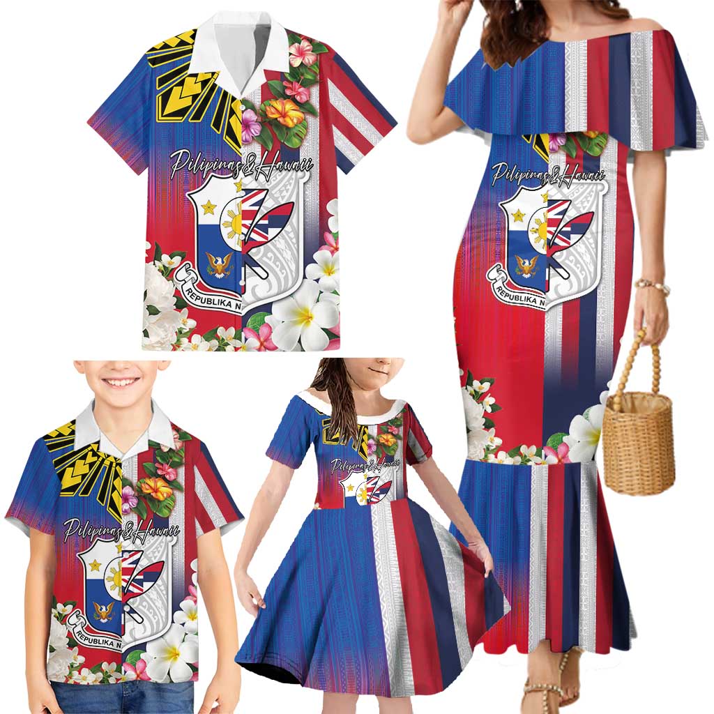 Personalised Hawaii and Philippines Together Family Matching Mermaid Dress and Hawaiian Shirt The Emblems with Cultural Symbols Blue-White-Red Tricolor