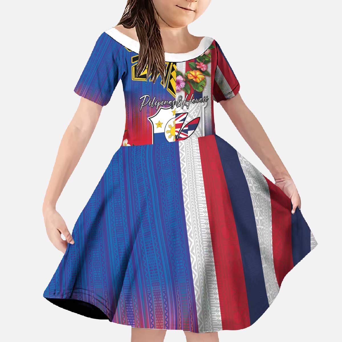 Personalised Hawaii and Philippines Together Family Matching Off The Shoulder Long Sleeve Dress and Hawaiian Shirt The Emblems with Cultural Symbols Blue-White-Red Tricolor