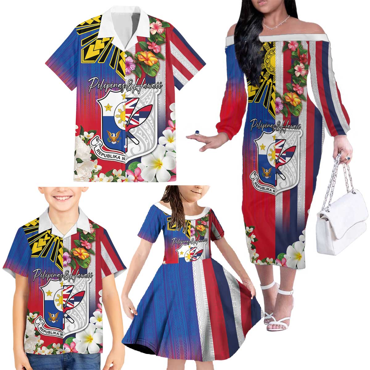 Personalised Hawaii and Philippines Together Family Matching Off The Shoulder Long Sleeve Dress and Hawaiian Shirt The Emblems with Cultural Symbols Blue-White-Red Tricolor