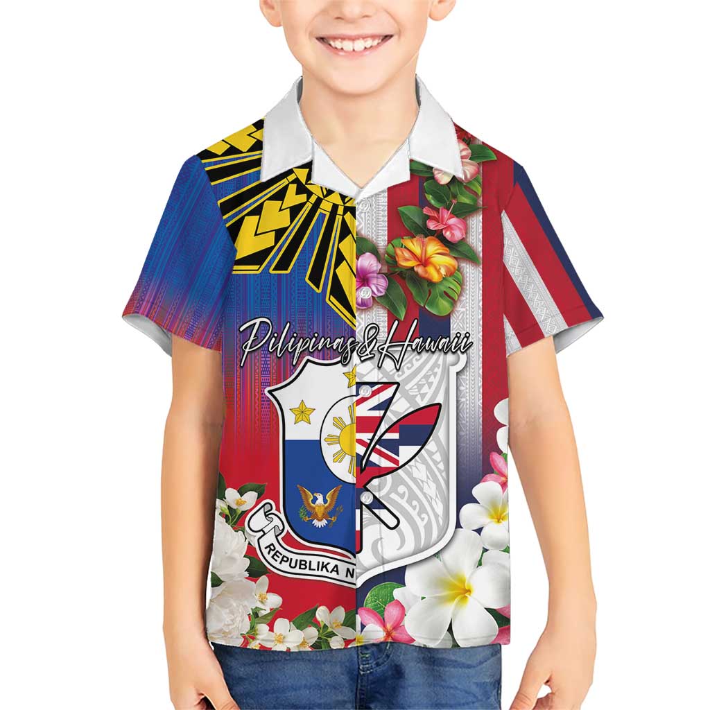 Personalised Hawaii and Philippines Together Family Matching Short Sleeve Bodycon Dress and Hawaiian Shirt The Emblems with Cultural Symbols Blue-White-Red Tricolor