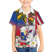 Personalised Hawaii and Philippines Together Family Matching Short Sleeve Bodycon Dress and Hawaiian Shirt The Emblems with Cultural Symbols Blue-White-Red Tricolor