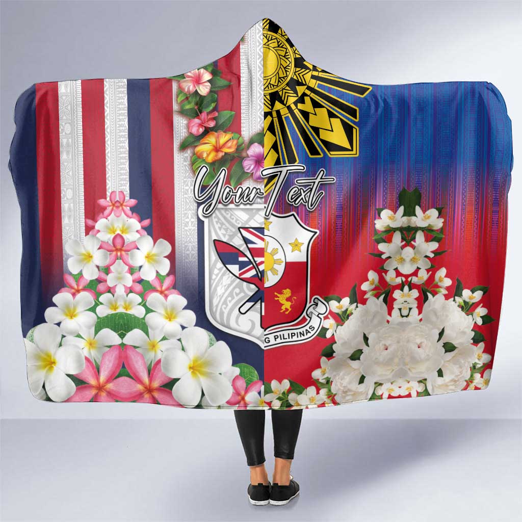 Personalised Hawaii and Philippines Together Hooded Blanket The Emblems with Cultural Symbols Blue-White-Red Tricolor