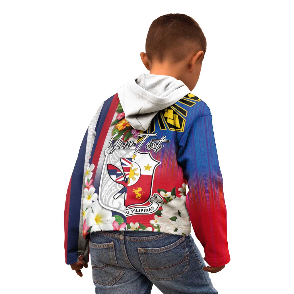Personalised Hawaii and Philippines Together Kid Hoodie The Emblems with Cultural Symbols Blue-White-Red Tricolor