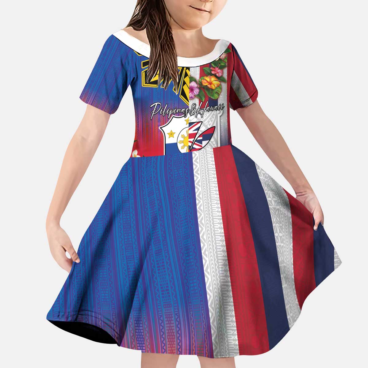 Personalised Hawaii and Philippines Together Kid Short Sleeve Dress The Emblems with Cultural Symbols Blue-White-Red Tricolor