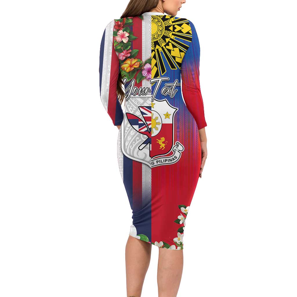 Personalised Hawaii and Philippines Together Long Sleeve Bodycon Dress The Emblems with Cultural Symbols Blue-White-Red Tricolor