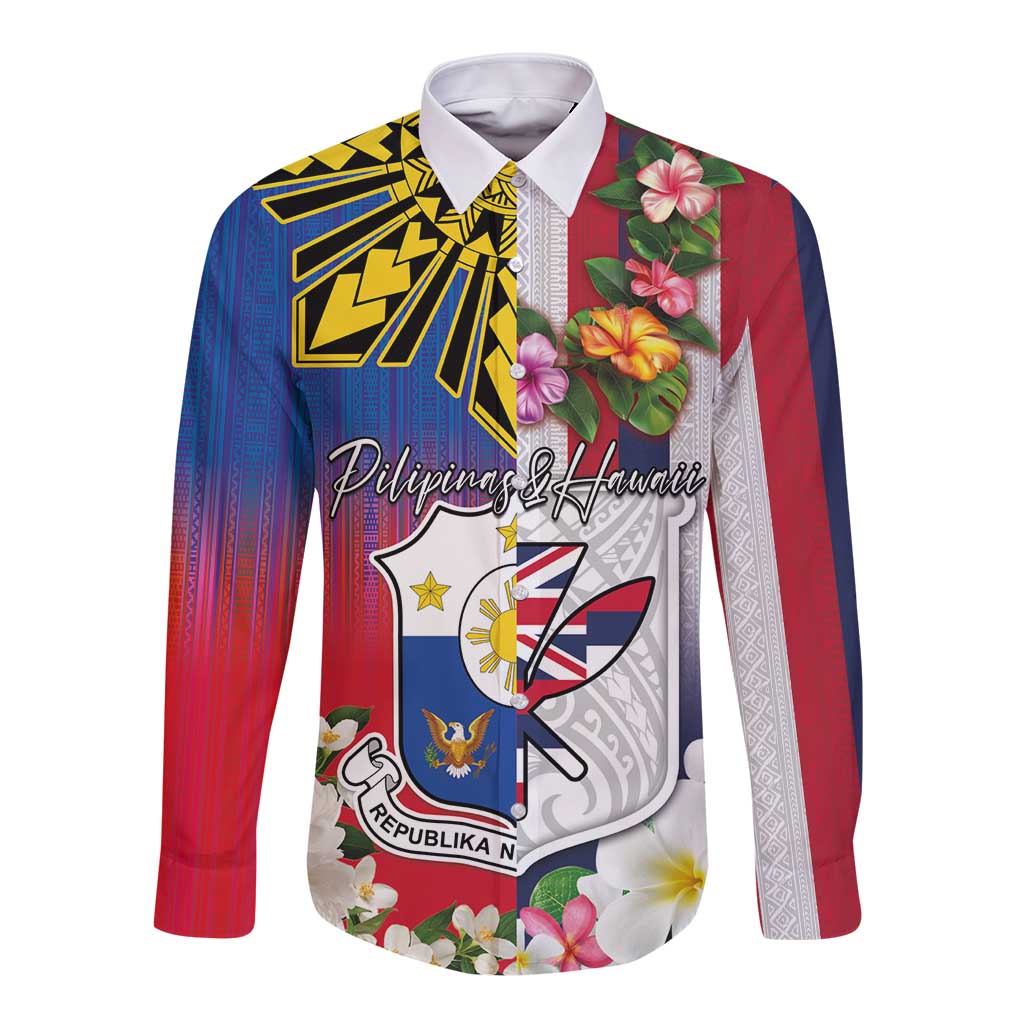 Personalised Hawaii and Philippines Together Long Sleeve Button Shirt The Emblems with Cultural Symbols Blue-White-Red Tricolor