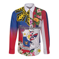 Personalised Hawaii and Philippines Together Long Sleeve Button Shirt The Emblems with Cultural Symbols Blue-White-Red Tricolor