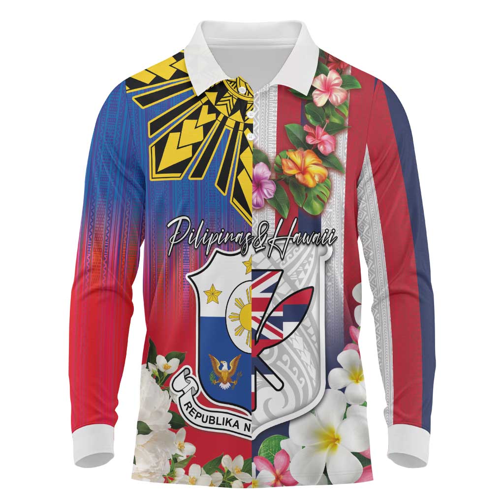 Personalised Hawaii and Philippines Together Long Sleeve Polo Shirt The Emblems with Cultural Symbols Blue-White-Red Tricolor