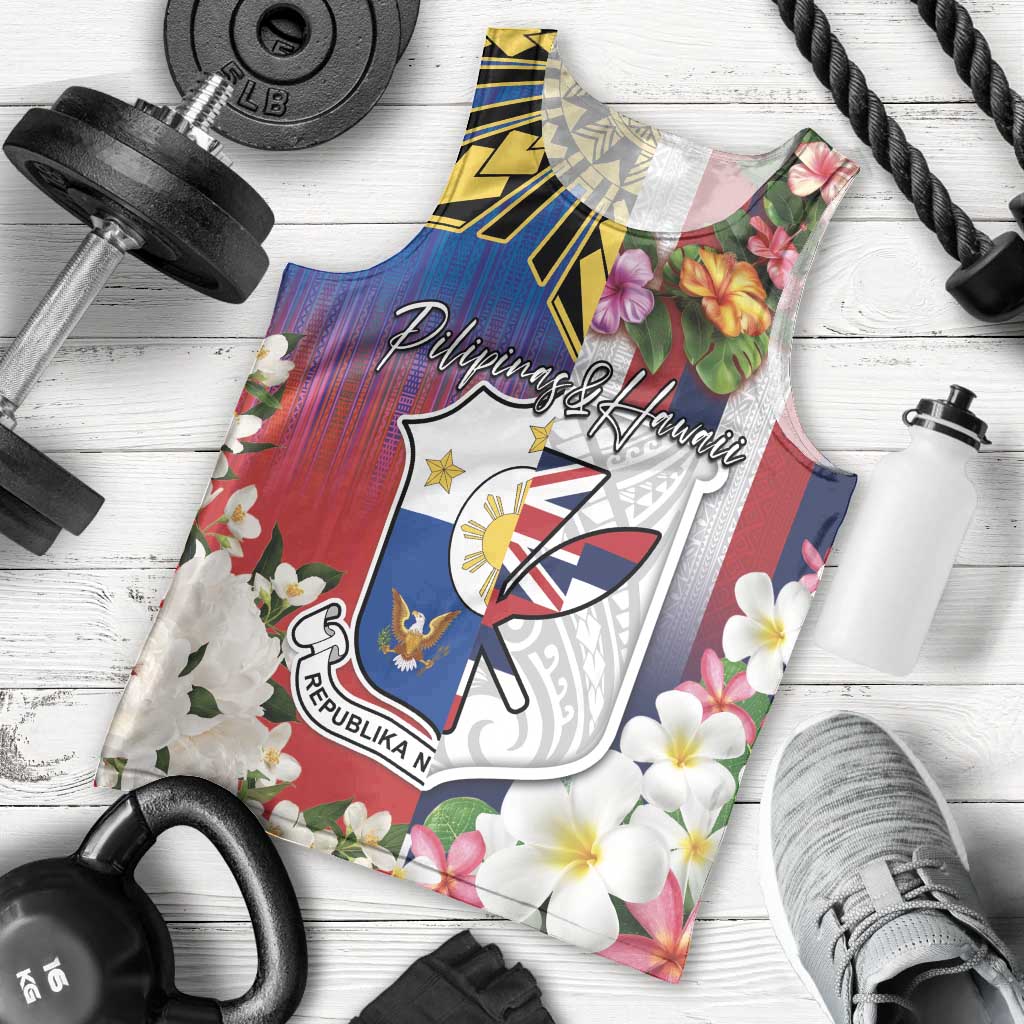 Personalised Hawaii and Philippines Together Men Tank Top The Emblems with Cultural Symbols Blue-White-Red Tricolor