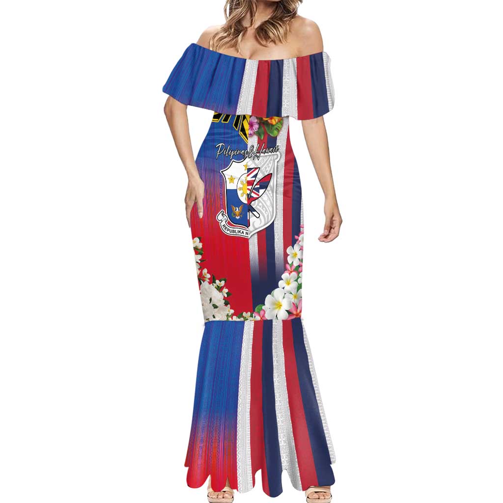 Personalised Hawaii and Philippines Together Mermaid Dress The Emblems with Cultural Symbols Blue-White-Red Tricolor