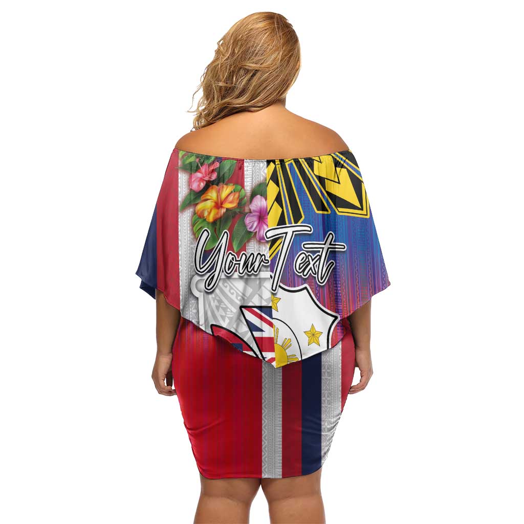 Personalised Hawaii and Philippines Together Off Shoulder Short Dress The Emblems with Cultural Symbols Blue-White-Red Tricolor