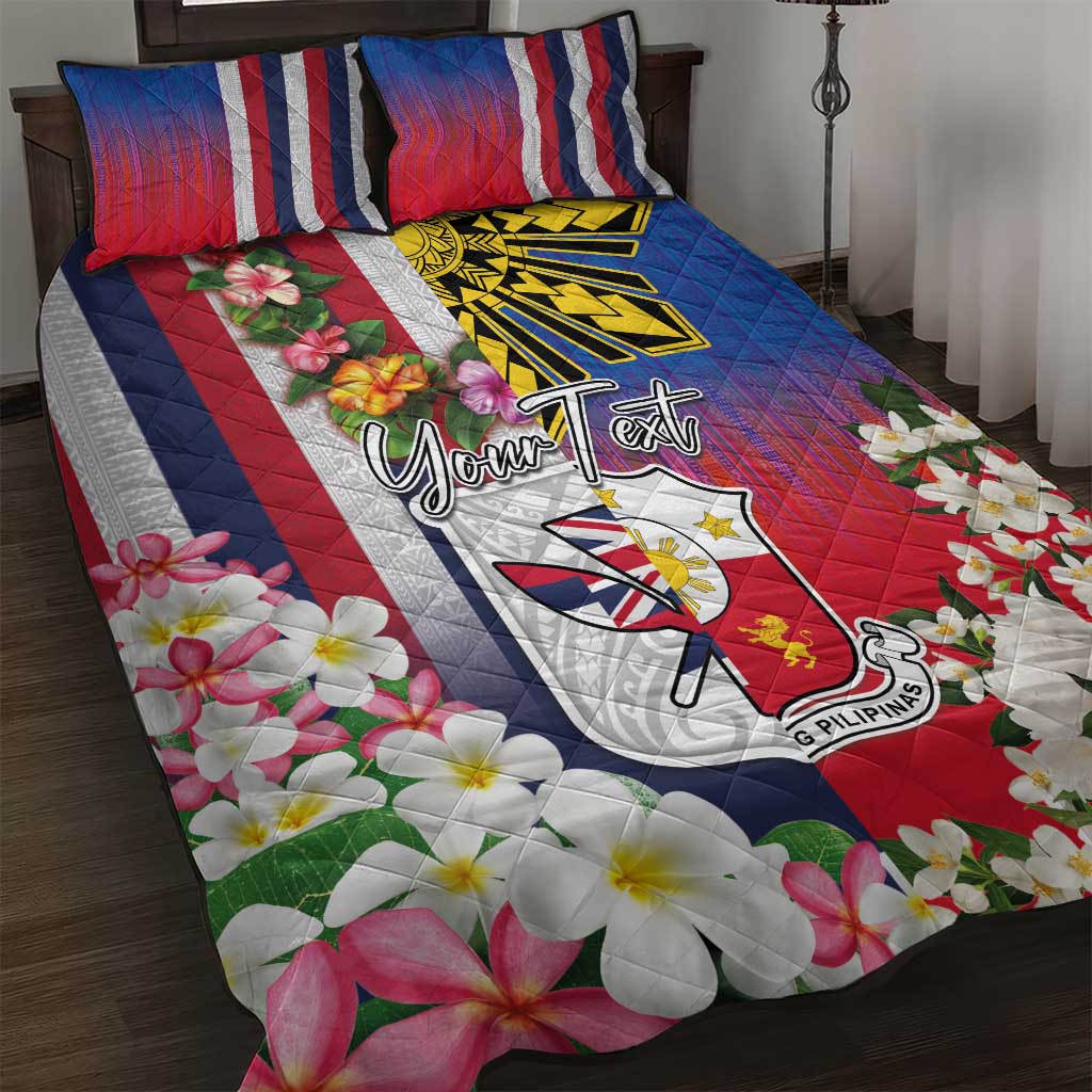 Personalised Hawaii and Philippines Together Quilt Bed Set The Emblems with Cultural Symbols Blue-White-Red Tricolor