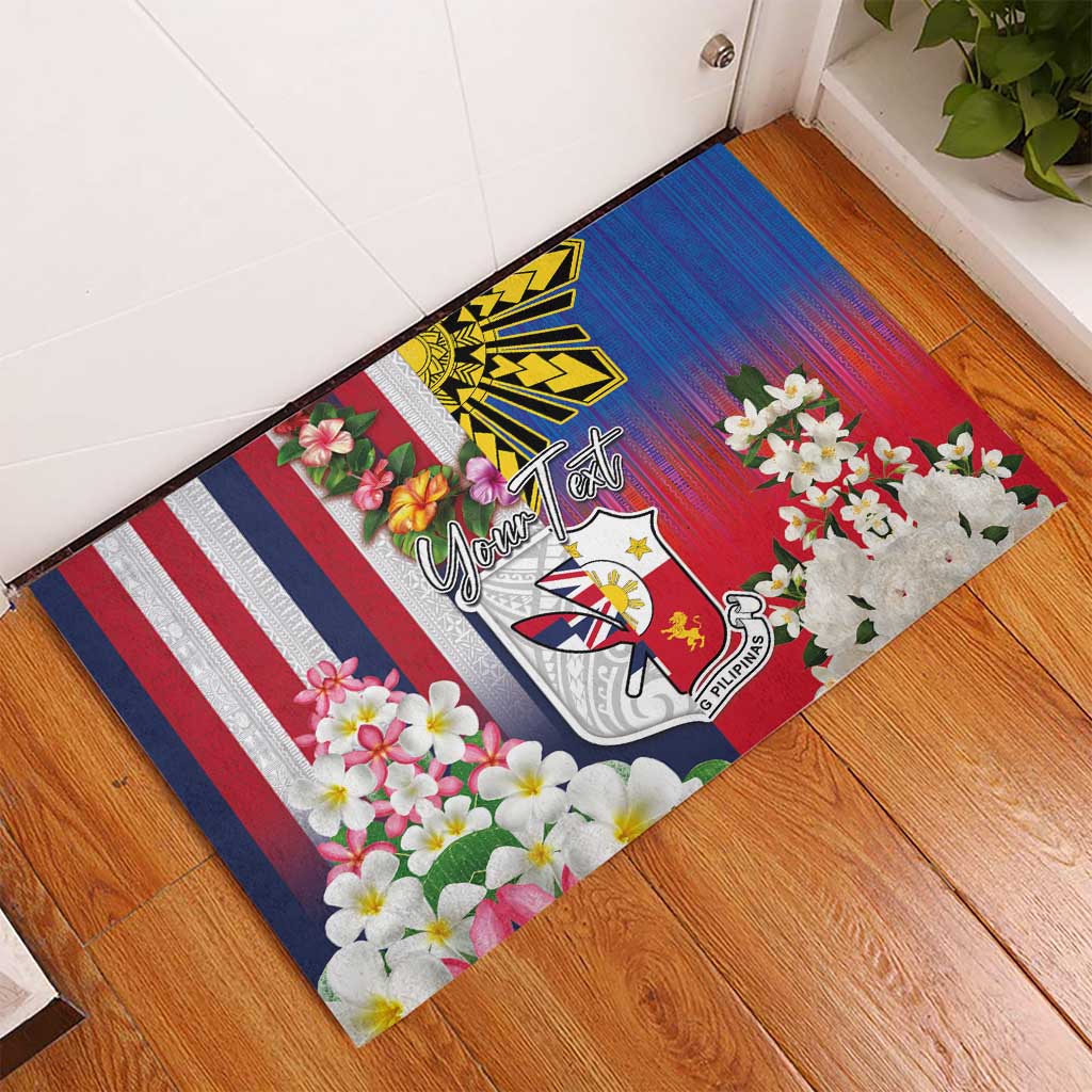 Personalised Hawaii and Philippines Together Rubber Doormat The Emblems with Cultural Symbols Blue-White-Red Tricolor