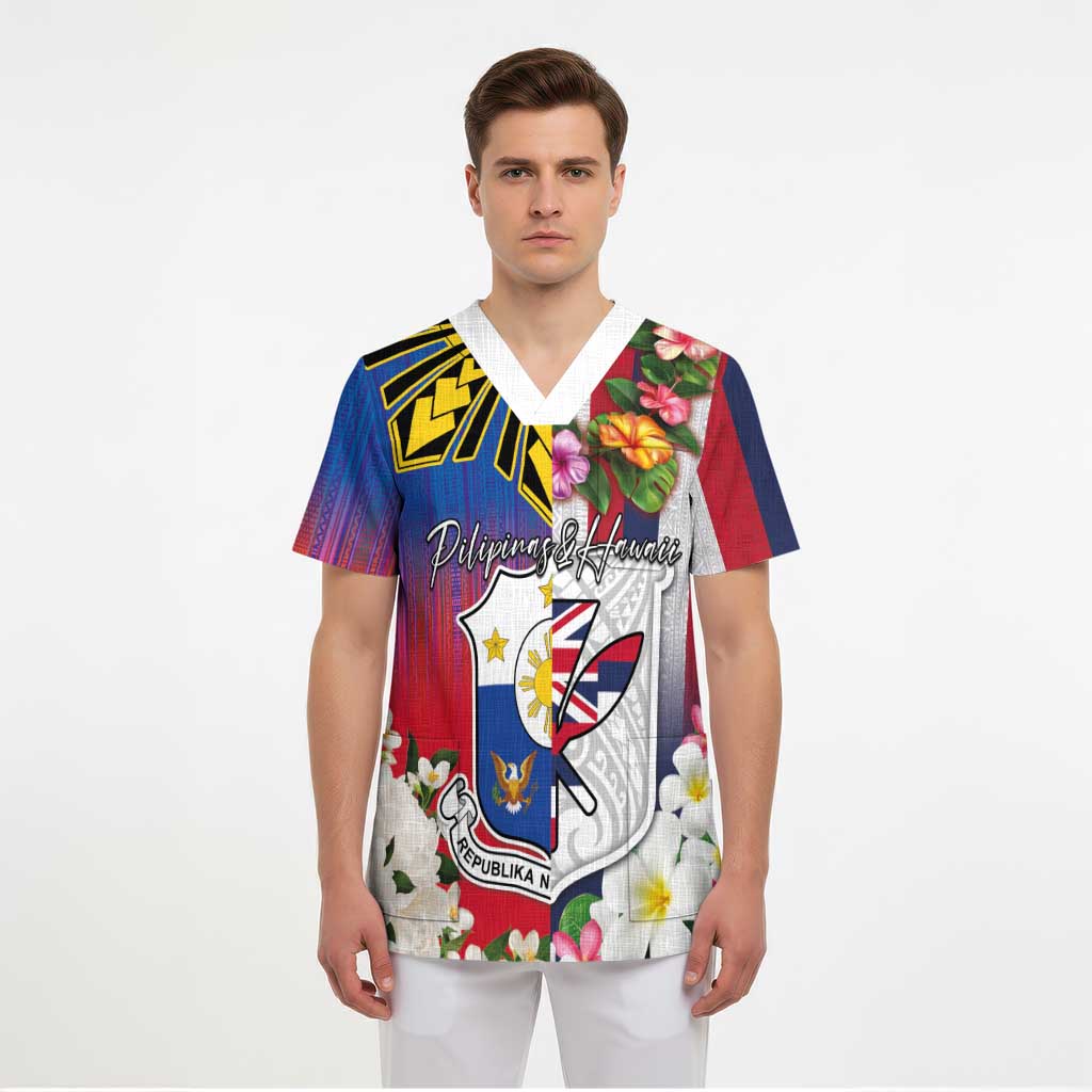 Personalised Hawaii and Philippines Together Scrub Top The Emblems with Cultural Symbols Blue-White-Red Tricolor - Polynesian Pride